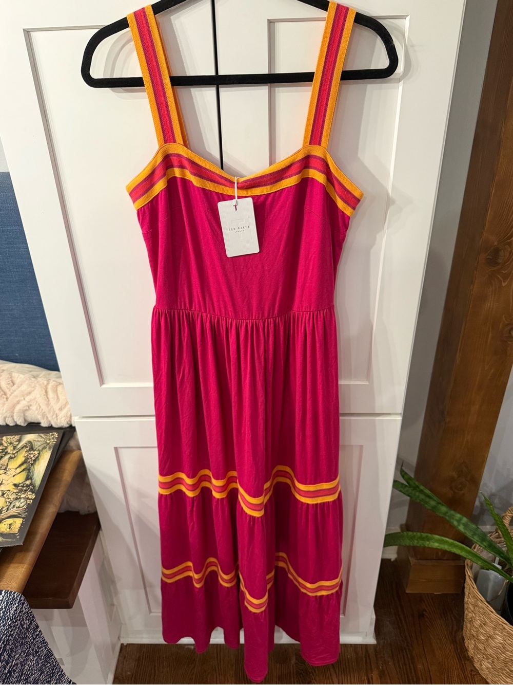Ted Baker Bright Pink Maxi Dress with Yellow & Orange Trim
